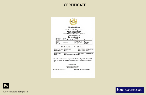listo para imprimir plantilla PSD editable del certificado de nacimiento del reg